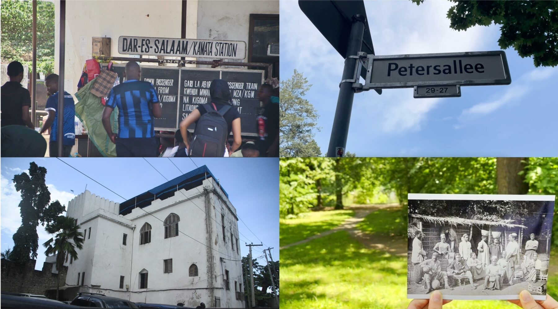 Oben links Menschen vor einem Schild mit der Aufschrift 'DAR-ES SALAAM / KAMATA STATION' und weiteren Texten, oben rechts Straßenschild 'Petersallee 29-27', unten links ein mehrstöckiges weißes Gebäude mit mehreren Fenstern, unten rechts eine Hand hält eine schwarz-weiße Gruppenfotografie vor einer grünen Parklandschaft