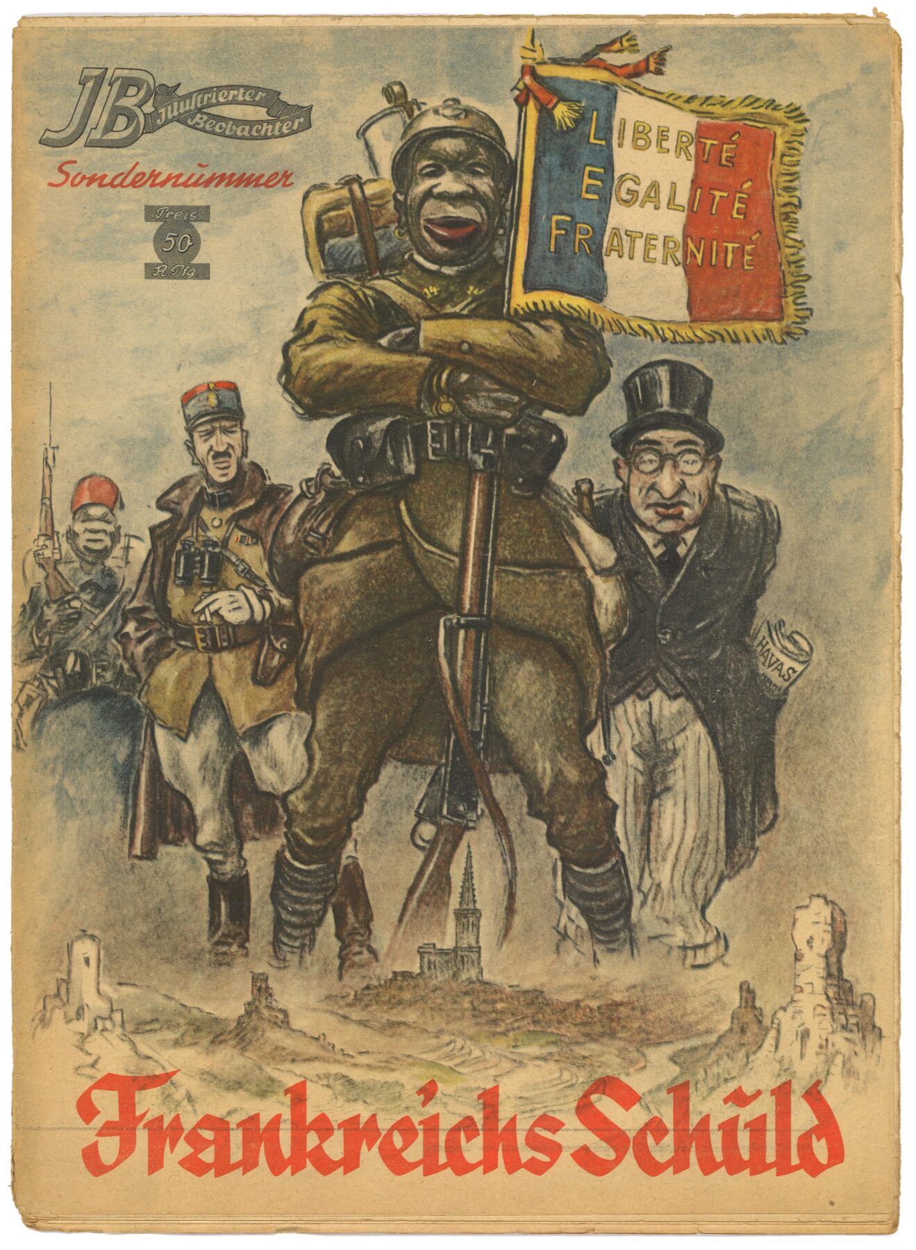 Karikatur eines schwarzen Soldaten mit Gewehr und französischer Flagge, gefolgt von zwei weißen Männern in Militär- und Zivilkleidung