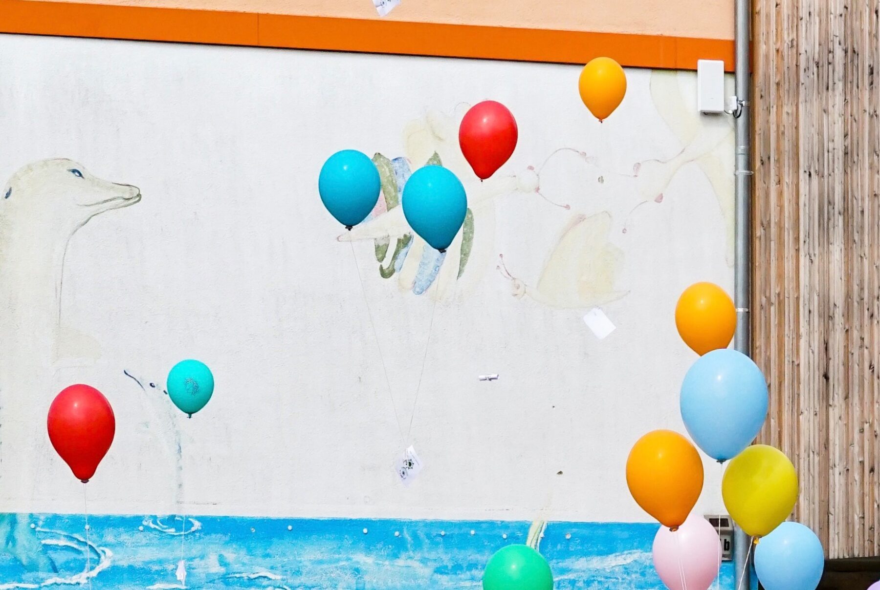 Bunte Luftballons vor einer weißen Wand mit verblasster blauer Bemalung am unteren Rand und Holzverkleidung rechts